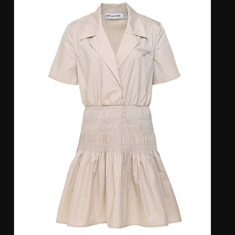 Self Portrait beige shirred cotton mini dress back cutout frosted almond size 4